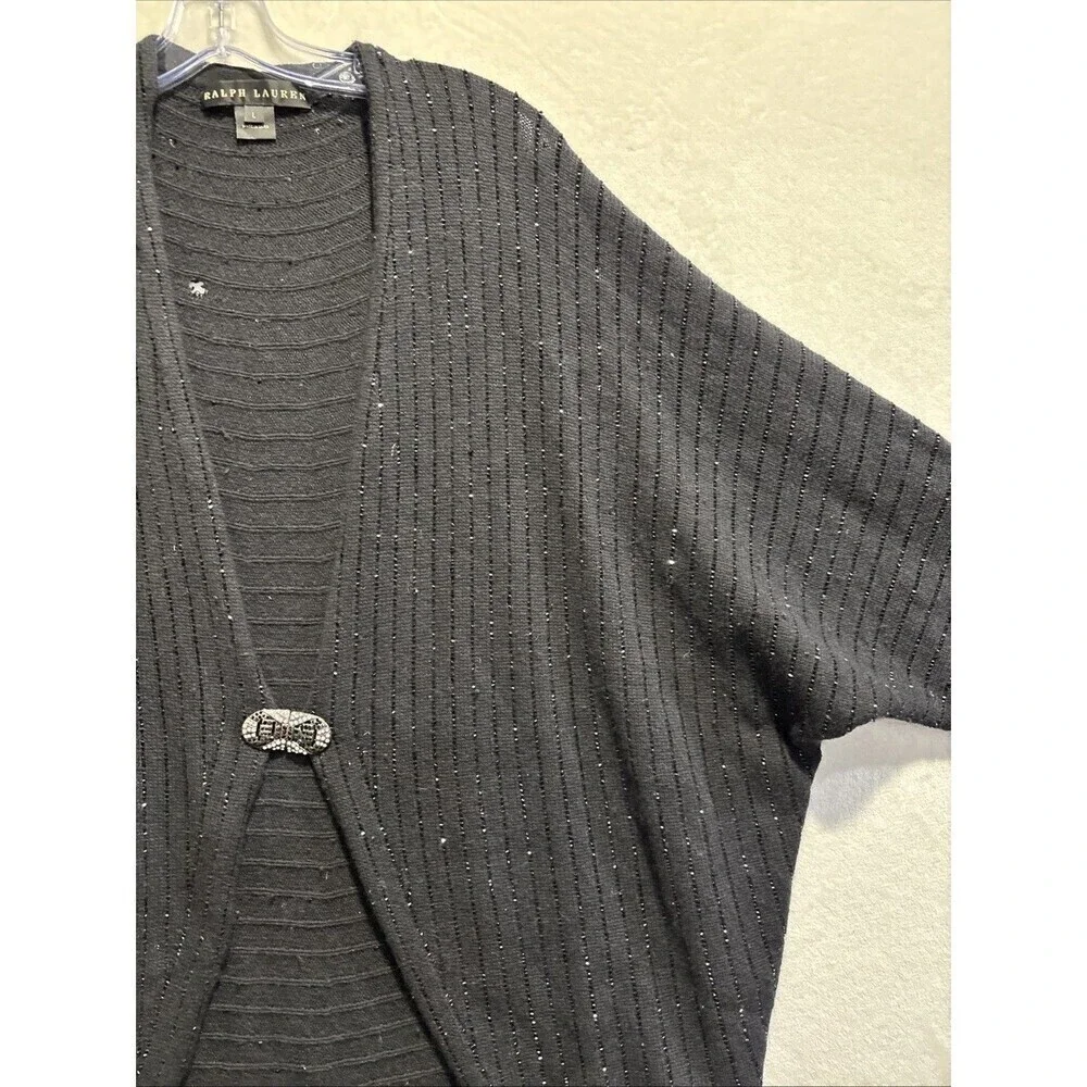 Ralph Lauren Black Label Cardigan Beaded Sweater Art Deco Clasp Women's Large